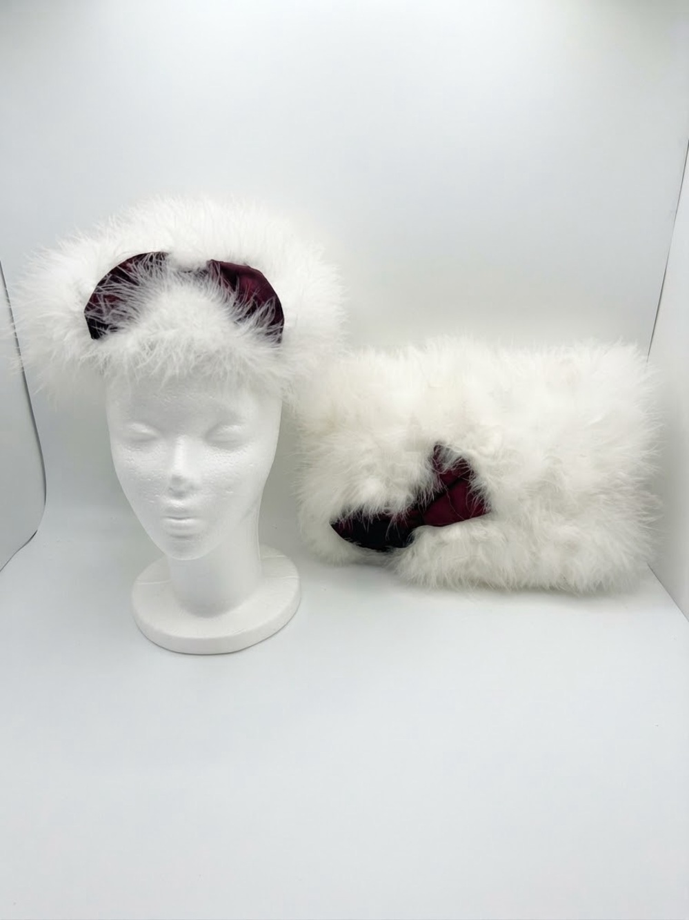 Vintage Marabou Feather Hat & Hand Muff Set White Burgundy Bow Retro Glam 50s